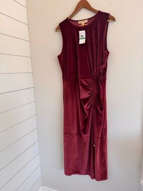 Michael Kors Wine Velvet Ruched Midi Dress